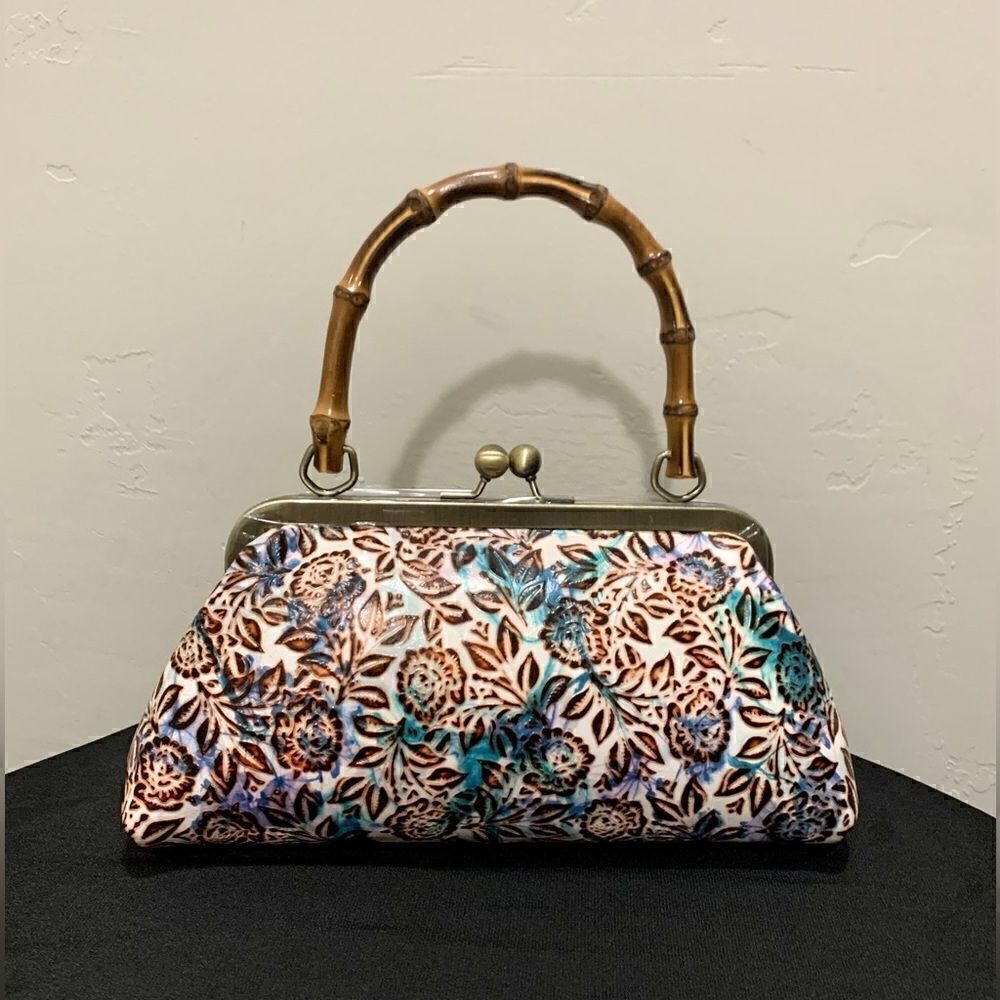 Handmade Genuine Leather Floral Embossed Real bamboo Handle Satchel/Crossbody
